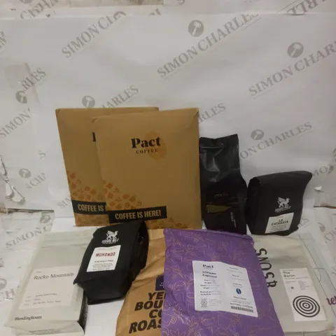 BOX OF 10 ASSORTED COFFEE PACKETS TO INCLUDE PACT COFFEE, SQUARE MILE, BLENDING ROOM ETC