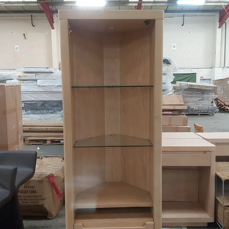 DESIGNER WOODEN LED DISPLAY CABINET WITH GLASS SHELVES AND 1 DOOR - MISSING FRONT PANE