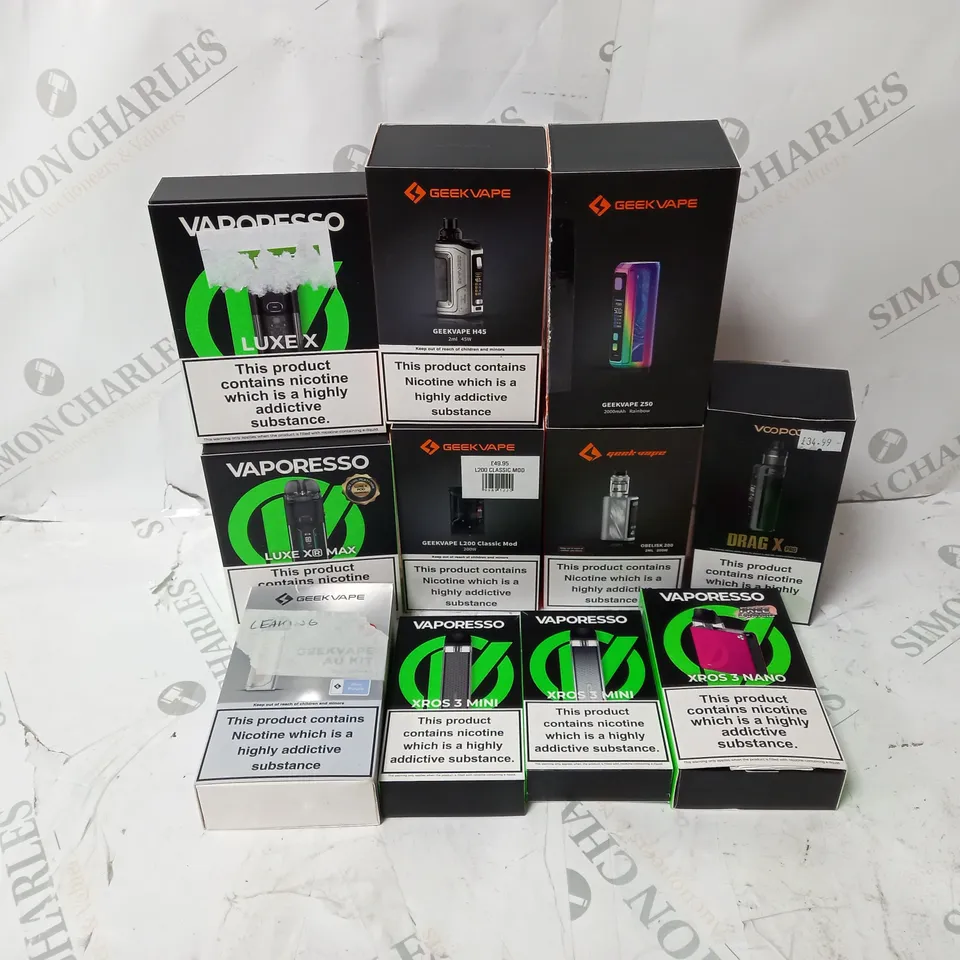 BOX OF APPROXIMATELY 10 ASSORTED E-CIG PRODUCTS TO INCLUDE GEEKVAPE, VAPORESSO, VOOPOO 