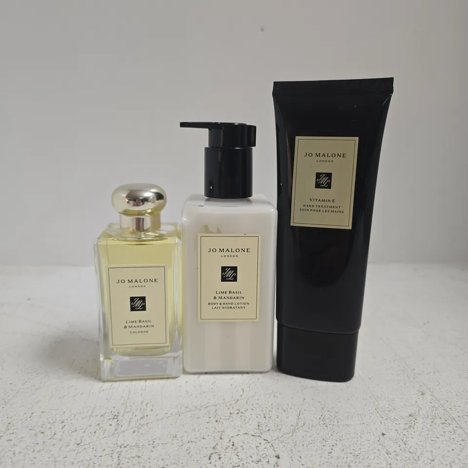 JOE MALONE TRIO TO INCLUDE LIME BASIL & MADARIN COLOGNE, BODY & HAND LOTION, VITAMIN E HAND TREATMENT