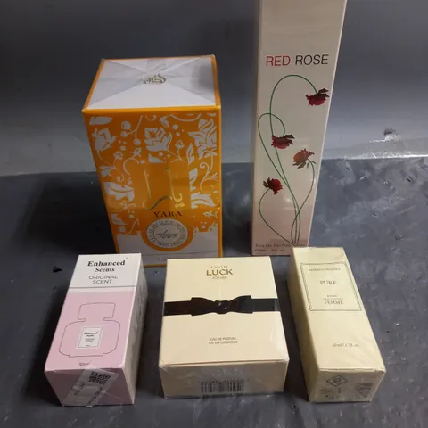 BOX OF APPROXIMATELY 5 ASSORTED SEALED FRAGRANCES TO INCLUDE - SAFFRON RED ROSE - AVON LUCK FOR HER - ENHANCED SCENTS ORIGINAL - ETC