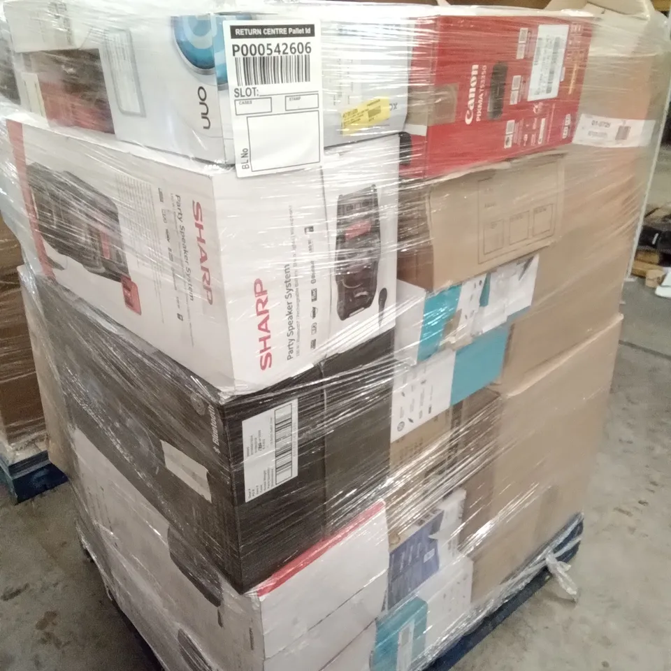 PALLET OF ASSORTED ELECTRONICS INCLUDING SHARP PARTY SPEAKER SYSTEM, ONN PORTABLE AM/FM RADIO, POLAROID BLUETOOTH DAB+ / FM RADIO, CD BOOMBOX, EPSON XP-2150 PRINTER, HP DESKJET
