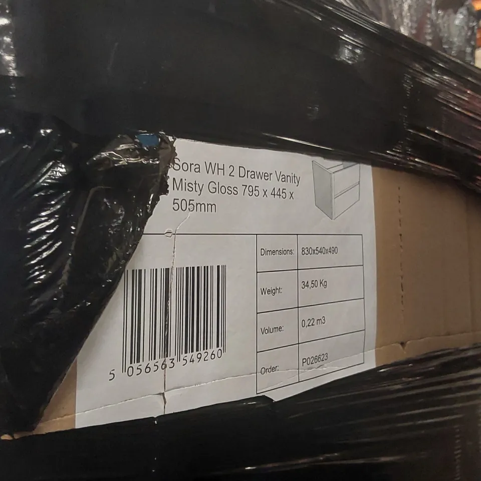 PALLET CONTAINING A LARGE QUANTITY OF BATHROOM FURNITURE PARTS INCLUDING: CALYPSO VANITY CARCASSES ECT