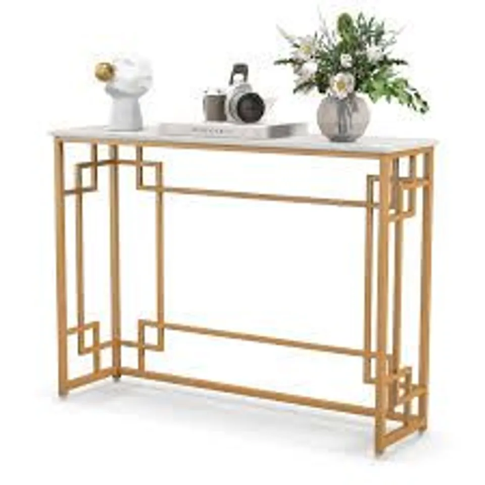 BOXED 110 CM CONSOLE TABLE NARROW ENTRYWAY TABLE WITH GEOMETRIC GOLDEN FRAME-WHITE & GOLDEN