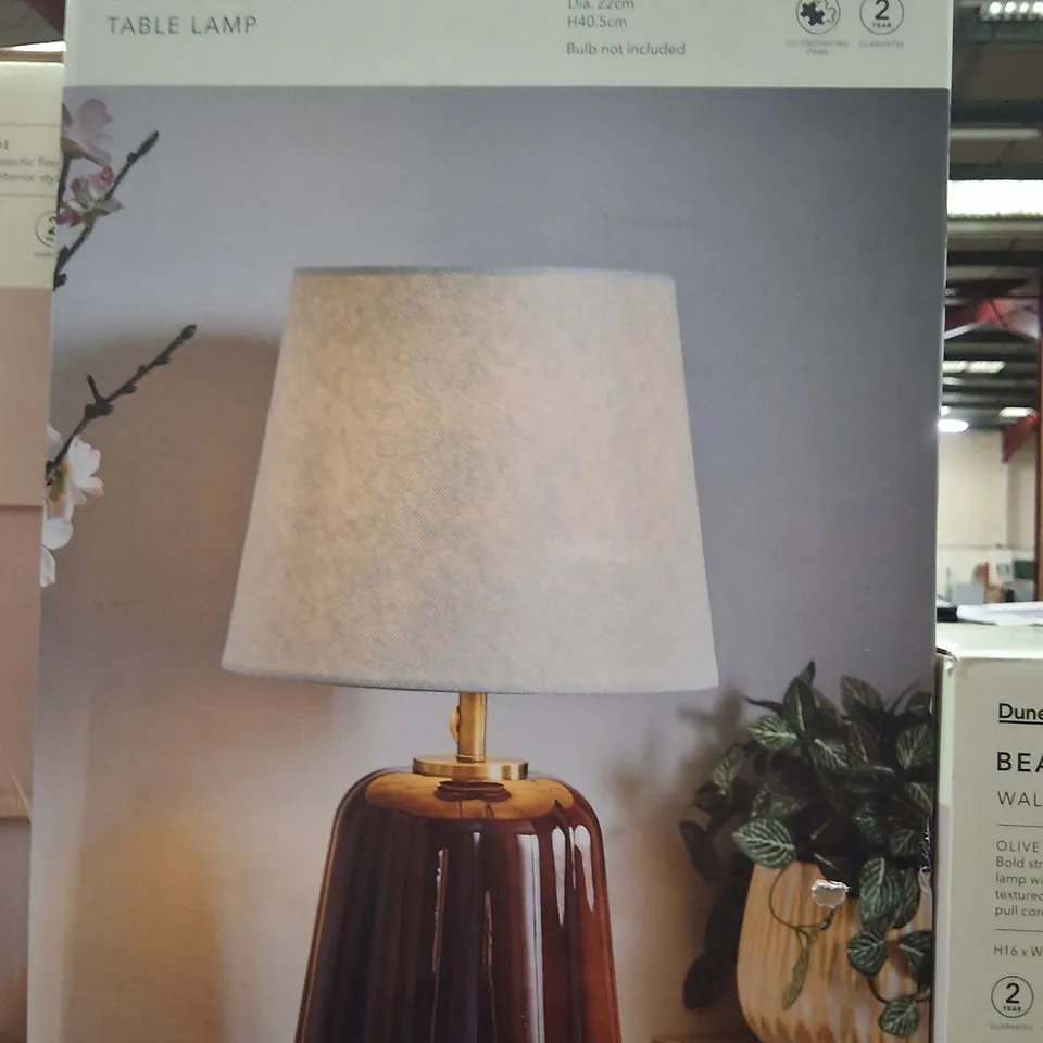BOXED DUNELM JELLY TABLE LAMP – BROWN GLASS BASE, NEUTRAL SHADE