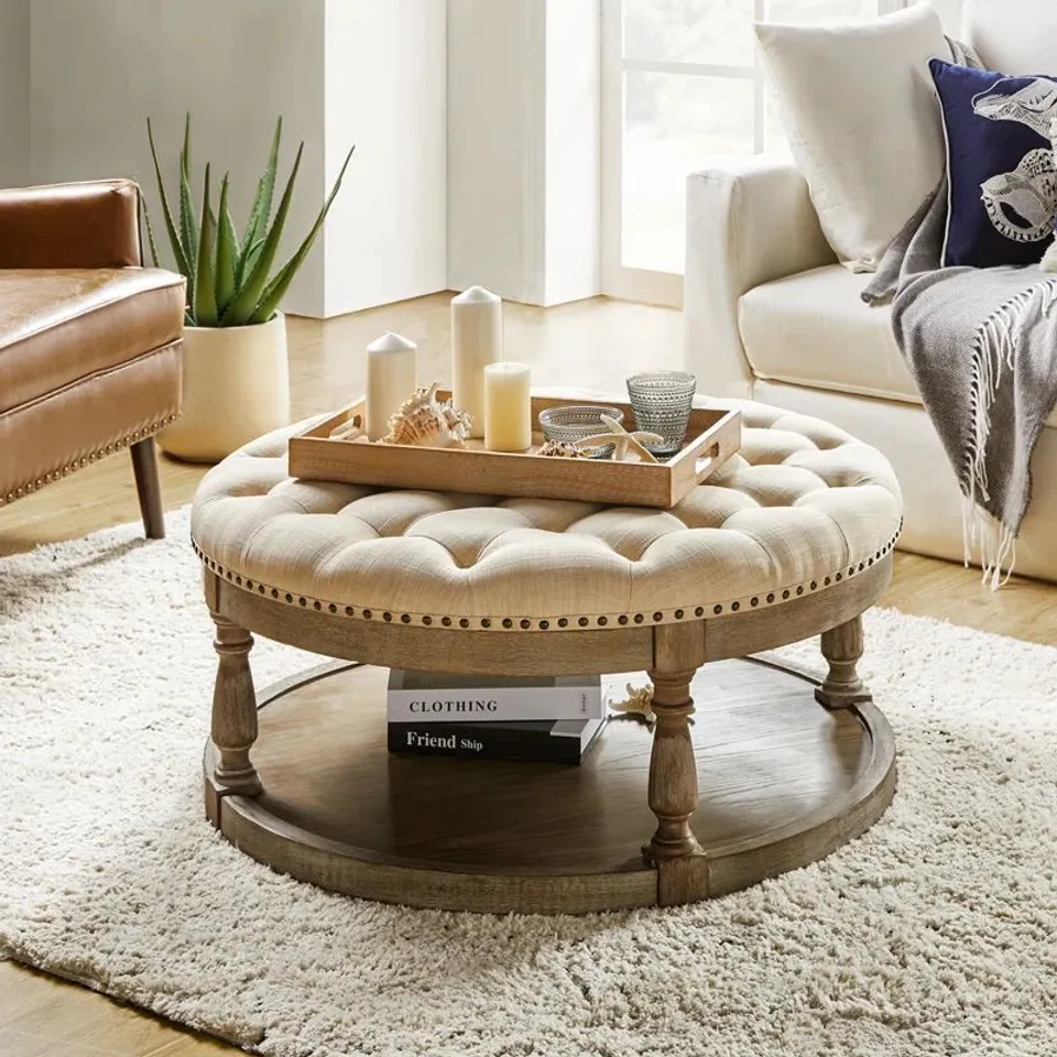 BOXED DEOUS TUFTED ROUND COCKTAIL OTTOMAN WITH STORAGE