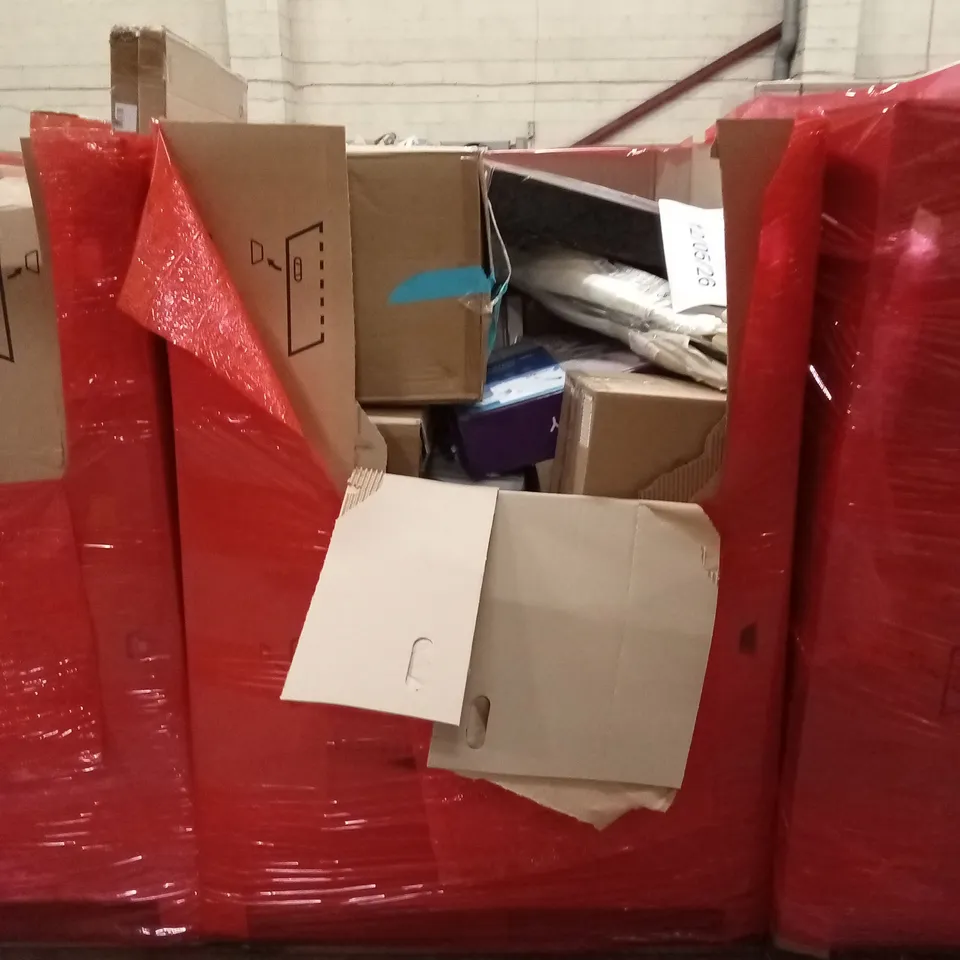 PALLET OF ASSORTED HOUSEHOLD GOODS AND PRODUCTS TO INCLUDE; OFFICE CHAIR, BATHROOM STOOL, PARASOL ETC