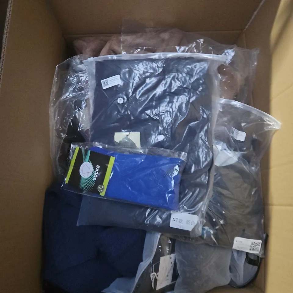 LARGE BOX OF APPROXIMATELY 25 ASSORTED CLOTHING ITEMS IN VARIOUS COLOURS, STYLES AND SIZES - COLLECTION ONLY