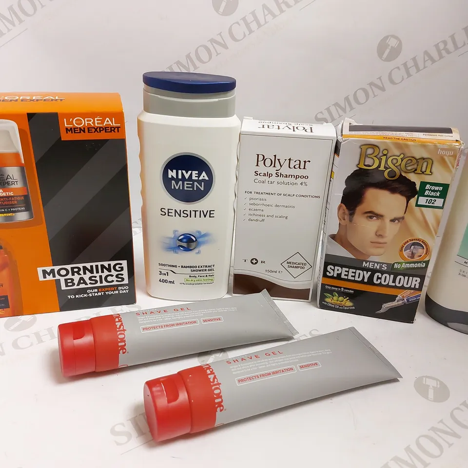 BOX OF APPROX 10 MALE COSMETIC ITEMS TO INCLUDE LOREAL MORNING BASICS SET, NIVEA MEN SENSITIVE, CORNERSTONE SHAVE GEL