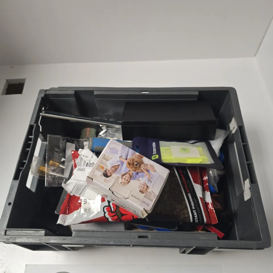 TOTE OF ASSORTED GOODS INCLUDING FJUKA FISHING PELLETS, SMART CAMERA AND NFC TAGS