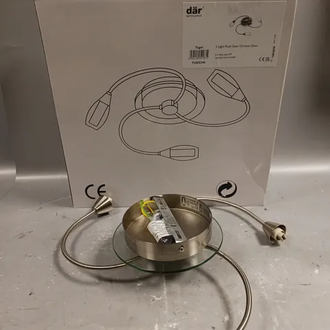 BRAND NEW BOXED DAR LIGHTING TUGEL 3 LIGHT FLUSH SATIN CHROME GLASS LIGHT