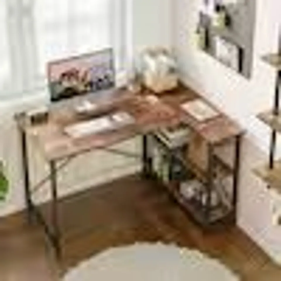 BOXED 47 INCH SMALL L-SHAPED COMPUTER DESK WITH STORAGE SHELVES RUSTIC BROWN