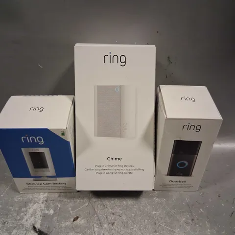 THREE ASSORTED RING PRODUCTS TO INCLUDE; CHIME, DOORBELL AND STICK UP CAMERA