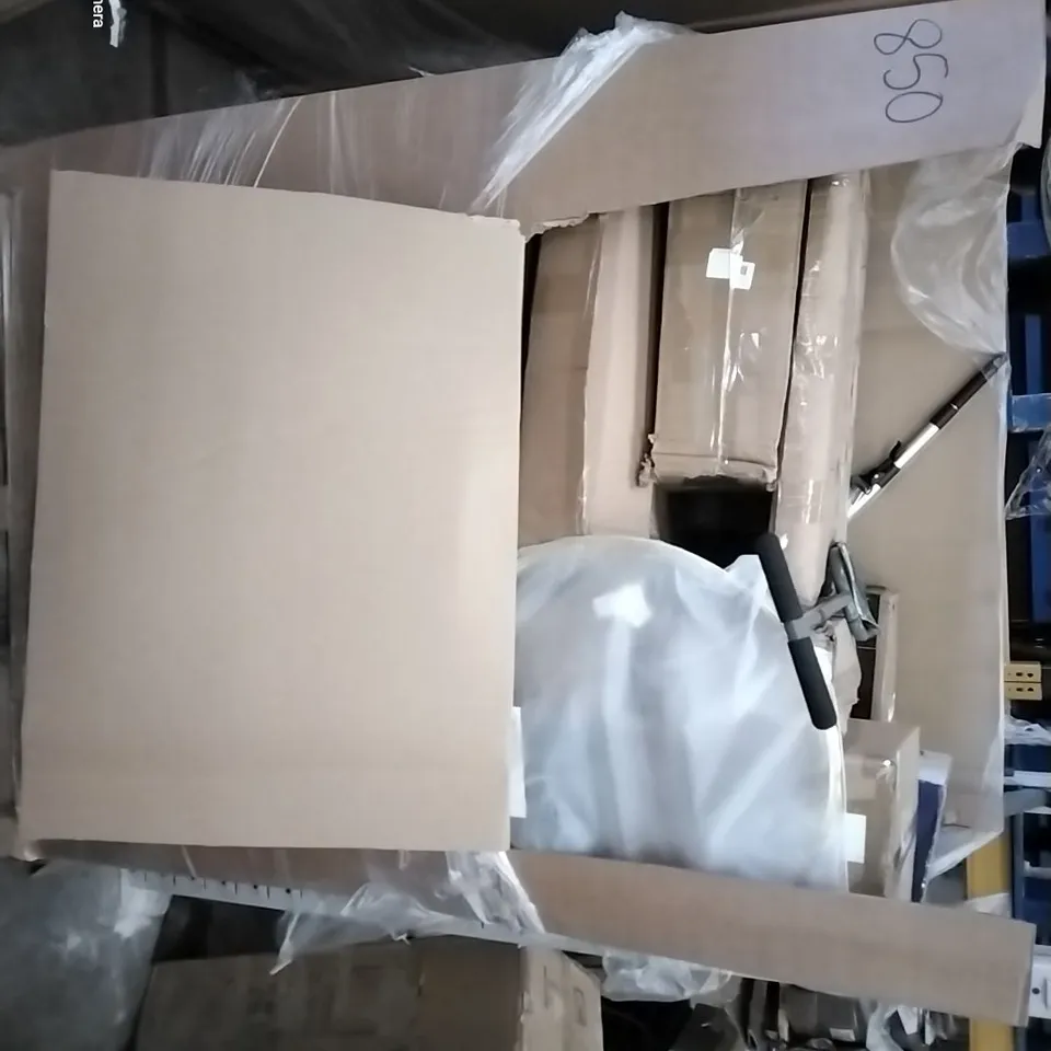 PALLET OF ASSORTED HOUSEHOLD ITEMS TO INCLUDE LED MIRROR, OFFICE STOOL AND FLOOR LAMP