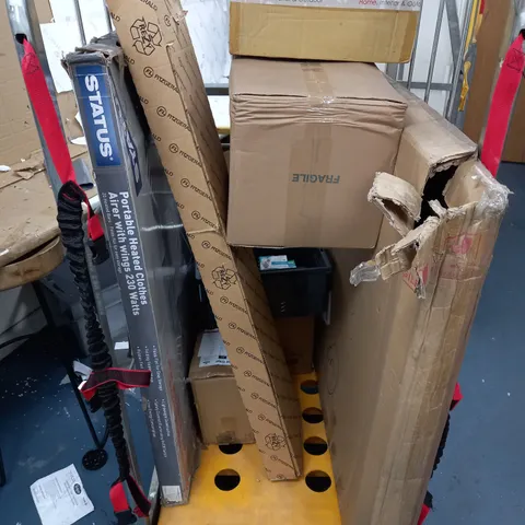 CAGE OF ASSORTED ITEMS TOO INCLUDE PORTABLE HEATED AIRER , BOXED MIRROR AND CEILING LIGHTS - COLLECTION ONLY