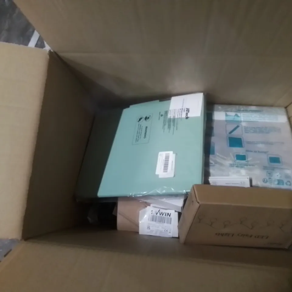 BOX OF ASSORTED ELECTRICAL GOODS TO INCLUDE; SEA SHELL GLITTER LIGHT, UGREEN DESKTOP TABLET STAND, LED NEON LIGHT ETC 