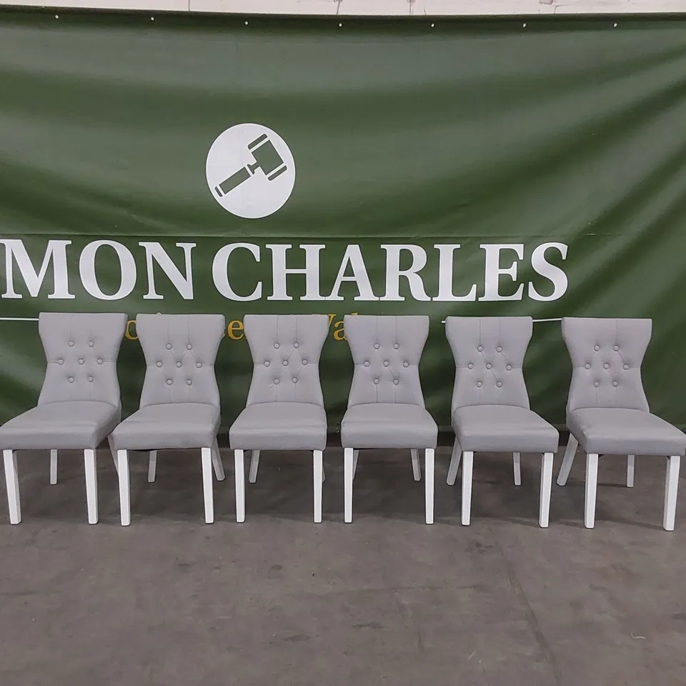 SET OF 6 BEWLEY LIGHT GREY LEATHER BUTTON BACK DINING CHAIRS WITH WHITE LEGS 