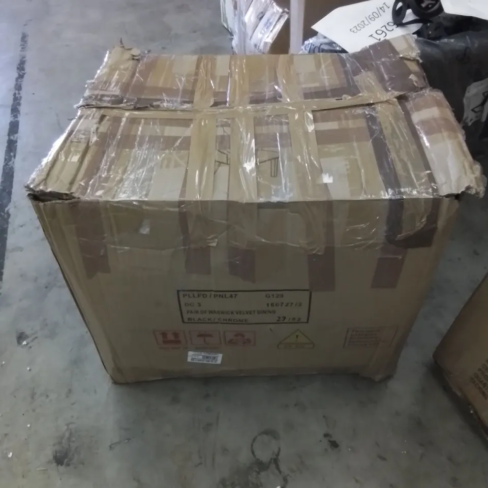 BOXED PAIR OF WARWICK VELVET DINING CHAIRS - BLACK/CHROME (1 BOX)