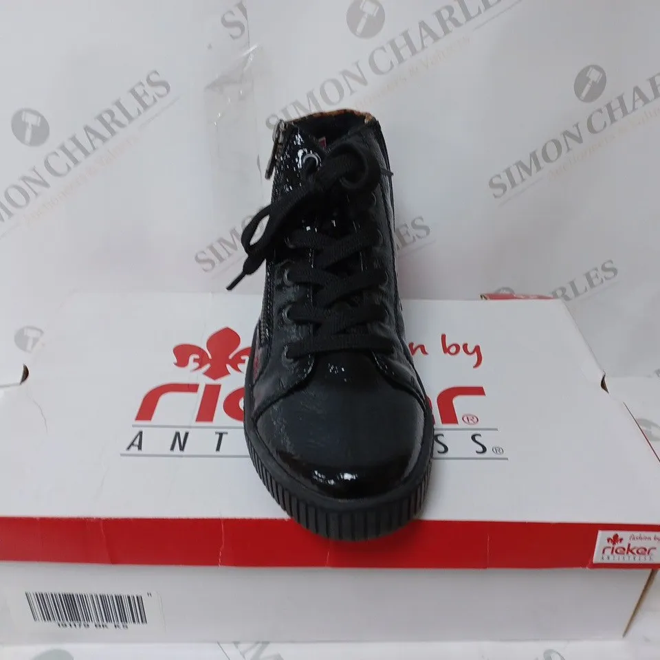 BOXED PAIR OF RIEKER BROWN HIGH TOP LEOPARD CUFF TRAINERS BLACK - SIZE 5 