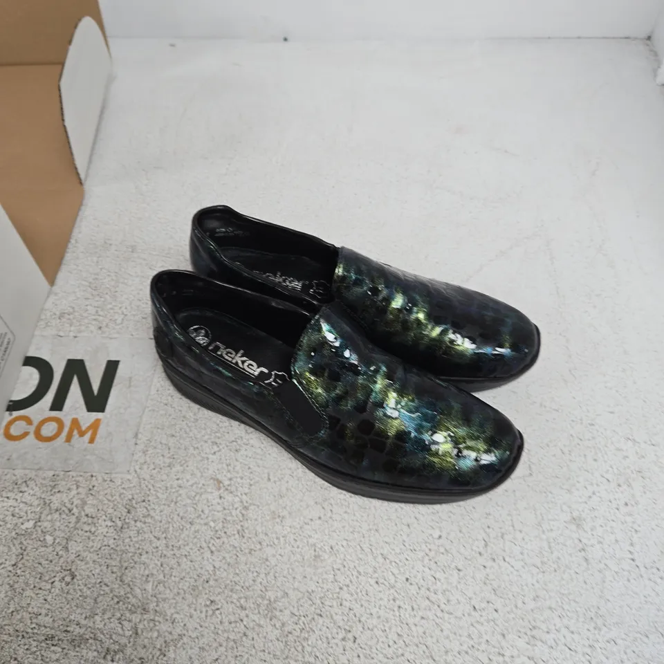 RIEKER ANTISTRESS SLIP-ON SHOES – BLACK MULTICOLOUR PATTERN UK 7