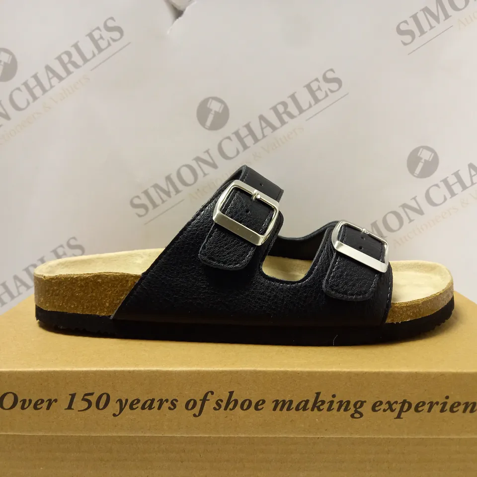 BOXED CUSHION WALK DOUBLE BUCKLE MULES, BLACK - SIZE 5 