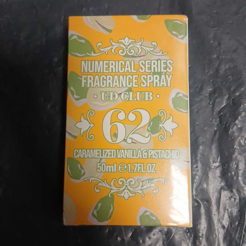 BOXED AND SEALED NUMERICAL SERIES FRAGRANCE SPRAY UD CLUB 62 CARAMELIZED VANILLA AND PISTACHIO 50ML