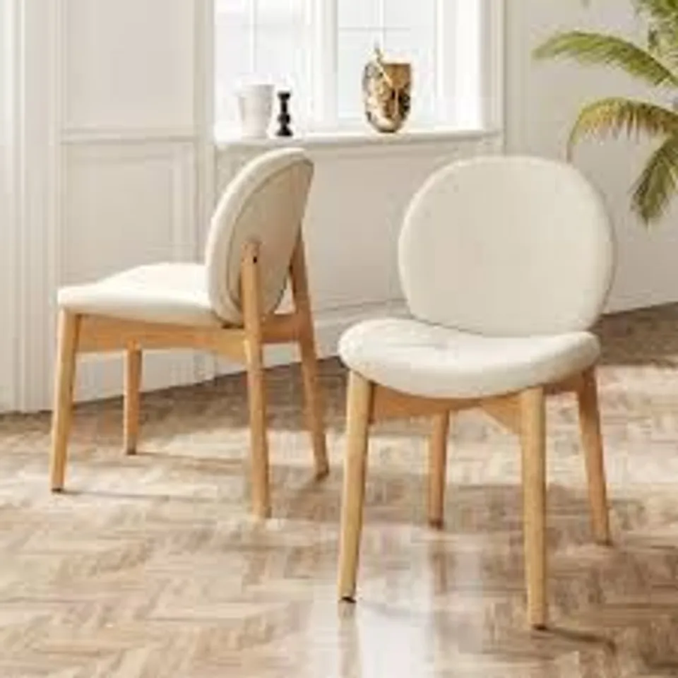 BOXED SOFT BOUCLE UPHOLSTERED WOODEN DINING CHAIRS SET OF 2 WITH RUBBER WOOD LEGS-WHITE