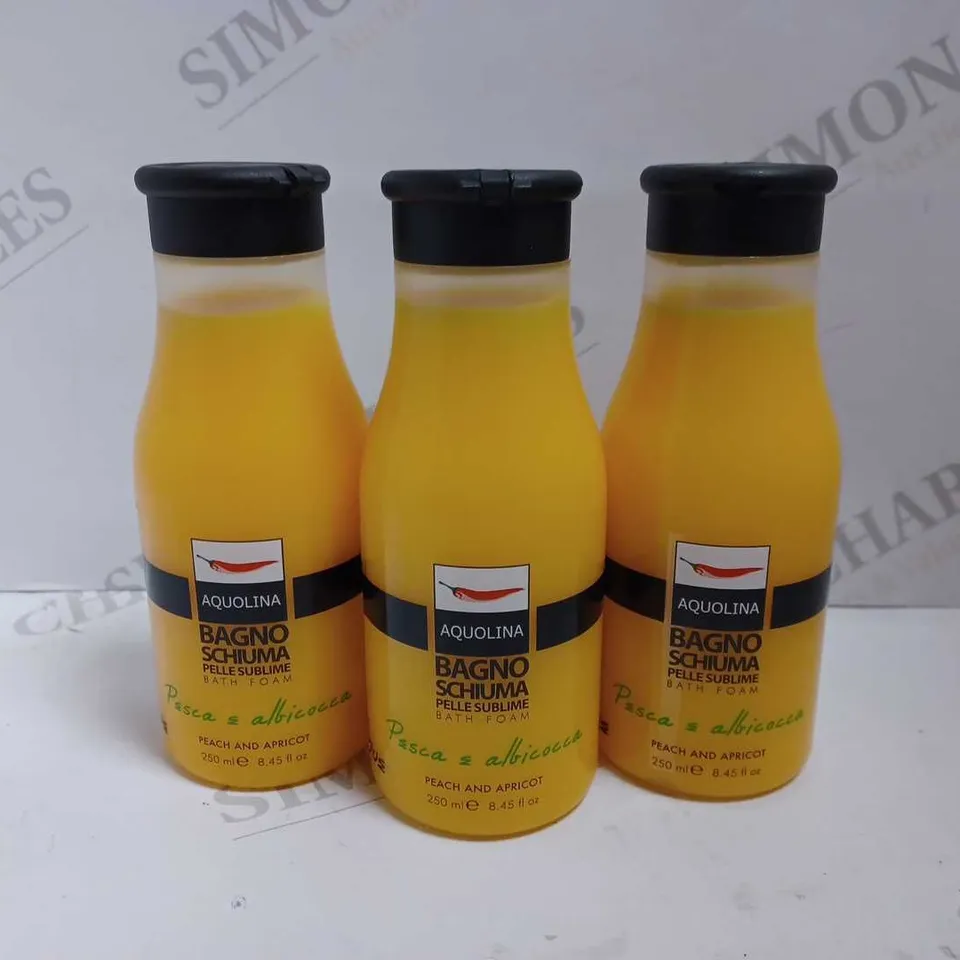 LOT OF APPROX 24 X 250ML AQUOLINA PEACH AND APRICOT BATH FOAM 