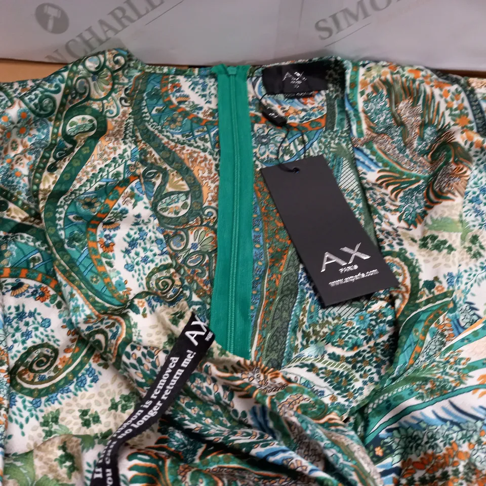 AX PARIS BELTED PATTERENED DRESS IN GREEN - 10