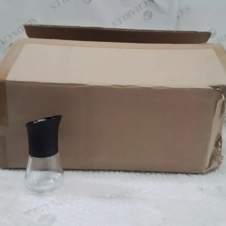 BOXED EMPTY SPICE MILL WITH BLACK AND TOP GLASS BASE SALT SHAKERS APPROXIMATELY 24PCS