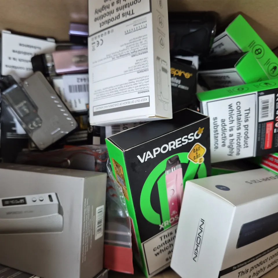 BOX OF APPROXIMATELY 20 ASSORTED VAPING ITEMS AND PRODUCTS TO INCLUDE VAPORESSO, ASPIRE, ETC