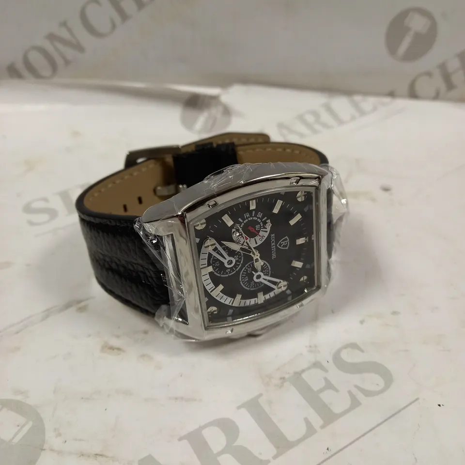 MEN’S RUCKSTUHL R300 CHRONOGRAPH WATCH – BLACK MULTI FUNCTION DIAL – 3ATM WATER RESISTANT – BLACK GENUINE LEATHER STRAP