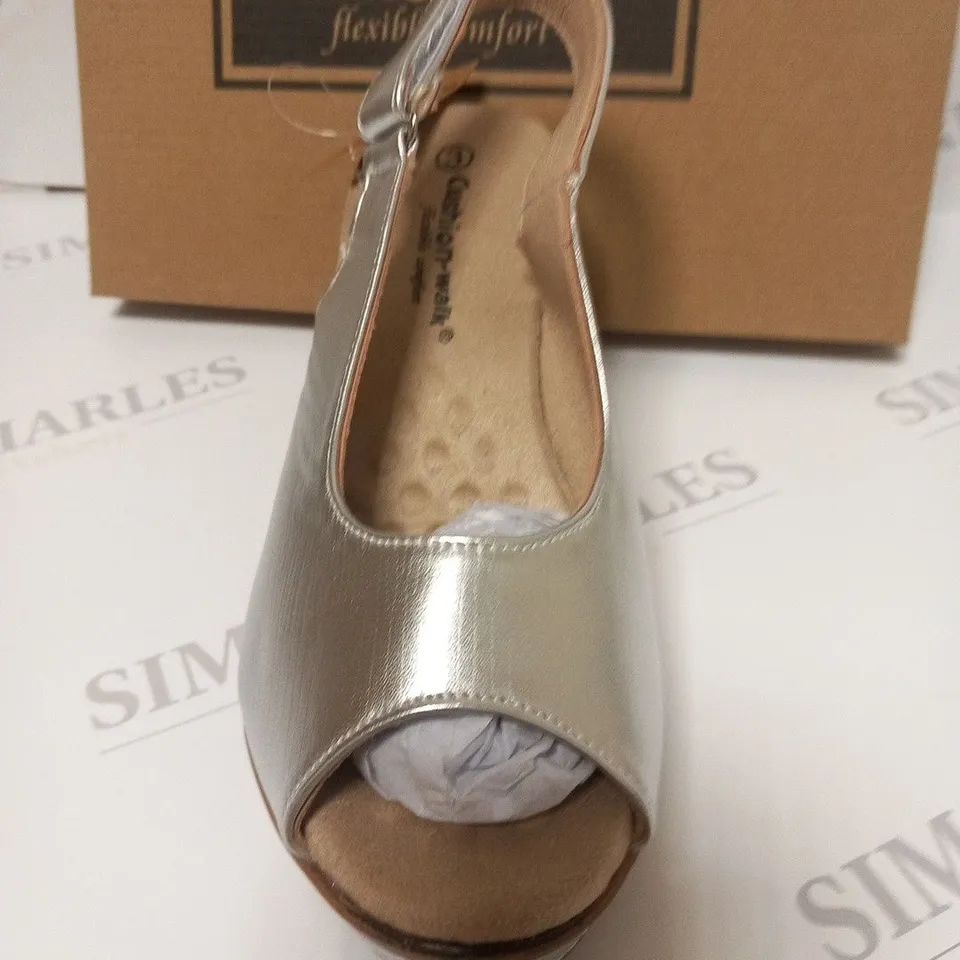 BOXED PAIR OF CUSHION WALK SILVER WEDGE HEELED SHOES - SIZE 3