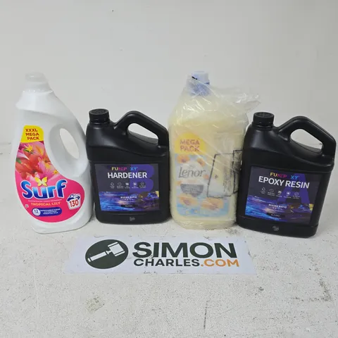 APPROXIMATELY 4 ASSORTED LARGE LIQUIDS TO INCLUDE SURF TROPICAL LILY, FUNEPOXY HARDENER, LENOR SUMMER BREEZE, ETC - COLLECTION ONLY