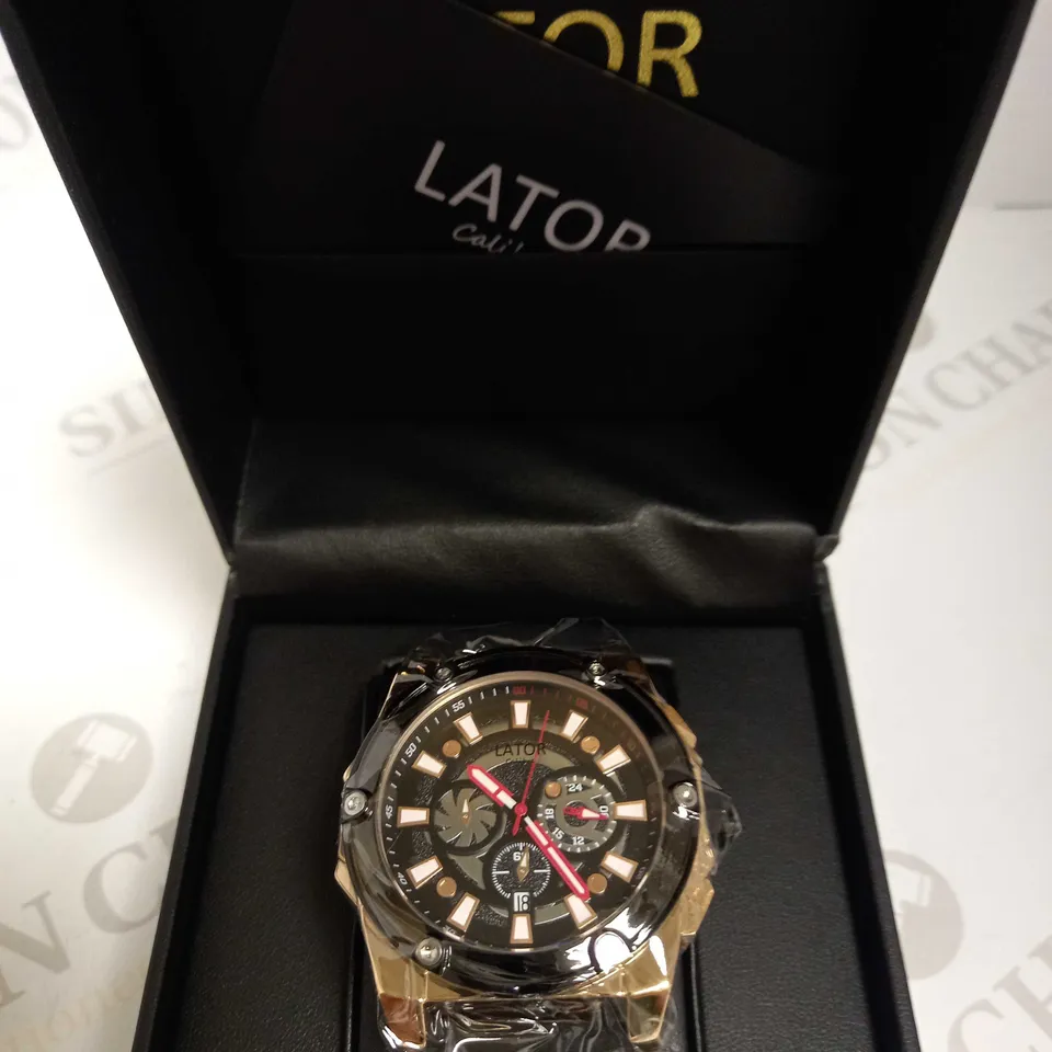LATOR CALIBRE BLACK DIAL CHRONOGRAPH STYLE LEATHER STRAP WATCH RRP £635