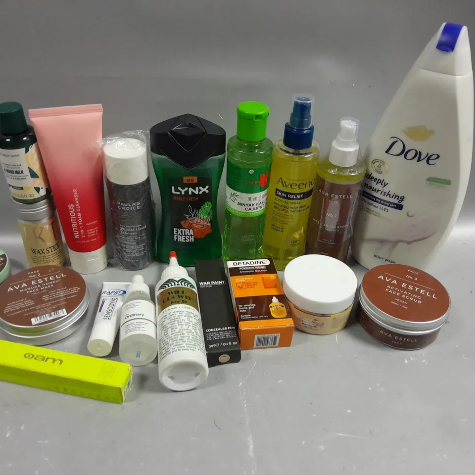BOX OF APPROXIMATELY 15 COSMETIC ITEMS TO INCLUDE DOVE BODY WASH, AVEENO OIL SPRAY, LYNX BODY WASH, ETC 