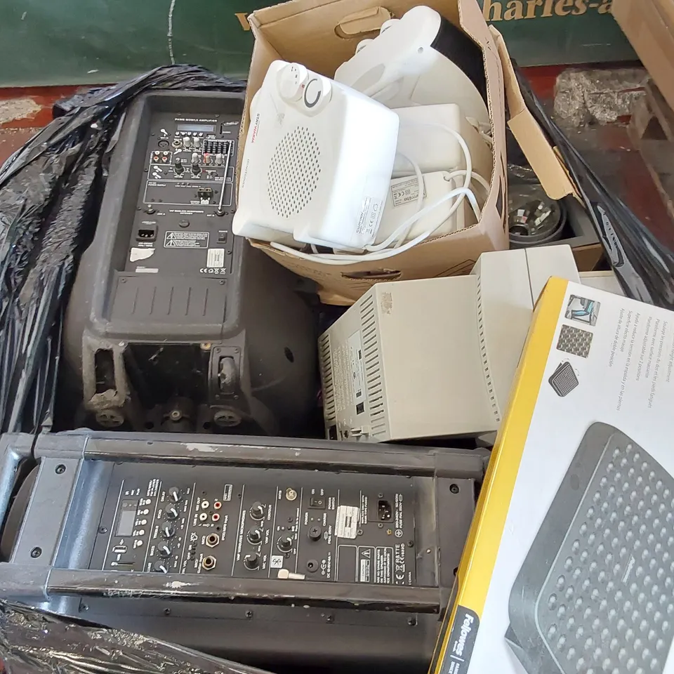 PALLET OF ASSORTED ELECTRICALS AND CONSUMER PRODUCTS TO INCLUDE; PA915 MOBILE AMPLIFIER, HUMPHREY LENS ANALYZER, FAN/HEATERS FOOTREST ECT.