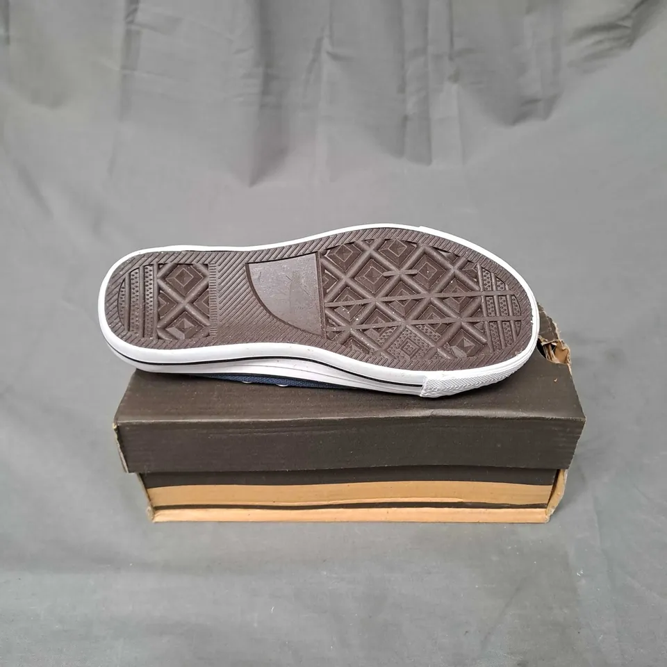 BOX OF APPROXIMATELY 24 PAIRS OF KIDS EMBELLISHED FLAT SHOES IN NAVY - VARIOUS SIZES