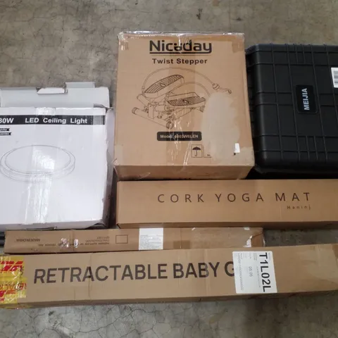 PALLET CONTAINING ASSORTED PRODUCTS INCLUDING LED CEILING LIGHT, TWIST STEPPER, PROTECTIVE CASE, CORK YOGA MAT & RETRACTABLE BABY GATE