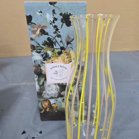 OLIVER BONAS X SHRIMPS GLASS VASE WITH YELLOW STRIPED PATTERN