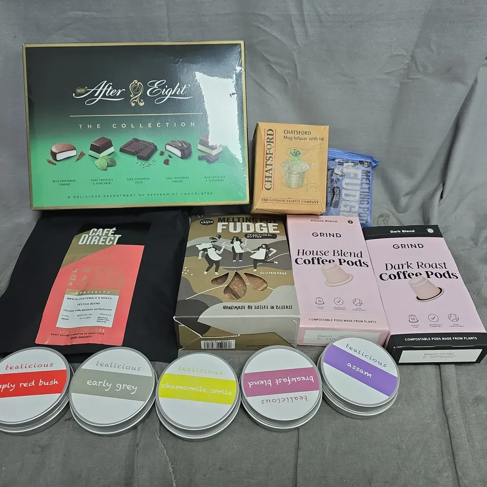 APPROXIMATELY 15 ASSORTED FOOD ITEMS TO INCLUDE -AFTER EIGHT, COFFEE PODS AND FUDGE 