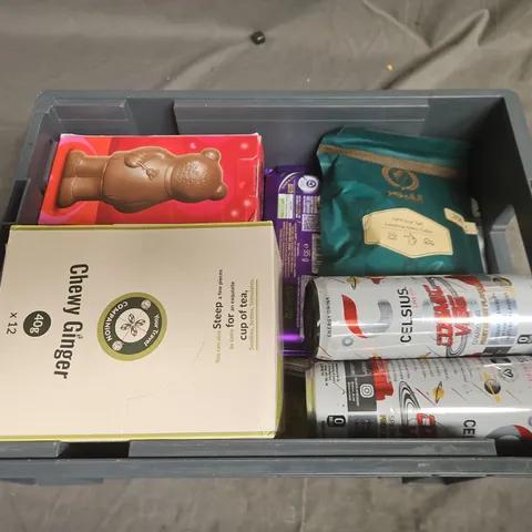 TOTE OF APPROXIMATELY 11 ASSORTED FOOD AND DRINK ITEMS TO INCLUDE CHEWY GINGER , CELSIUS ENERGY DRINK , ETC 