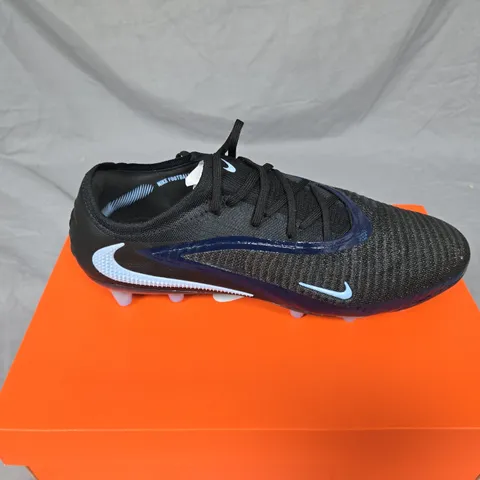 NIKE FOOTBALL BOOTS – BLACK KNIT UPPER WITH LIGHT-BLUE SWOOSH. UK SIZE 11.5