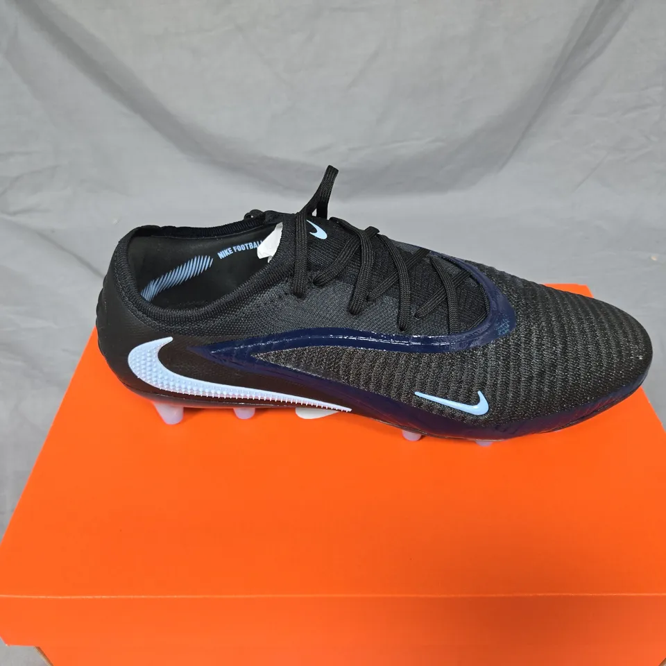 NIKE FOOTBALL BOOTS – BLACK KNIT UPPER WITH LIGHT-BLUE SWOOSH. UK SIZE 11.5