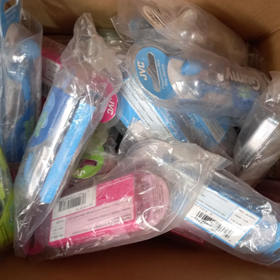 BOX OF APPROXIMATELY 20 ASSORTED JVC GUMY STEREO HEADPHONES IN VARIOUS COLOURS