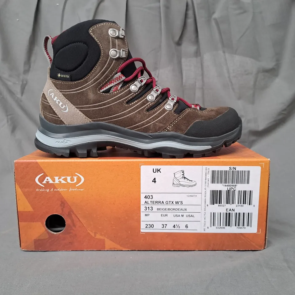 BOXED PAIR OF AKU ALTERRA GTX ANKLE BOOTS IN BEIGE/BROWN/BORDEAUX UK SIZE 4
