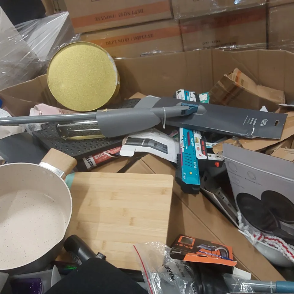 PALLET CONTAINING A VERY LARGE QUANTITY OF ASSORTED ITEMS INCLUDING: DINNERWARE, WINE GLASS, CHILDREN'S TOY, SPRAY MOP, PANS ECT