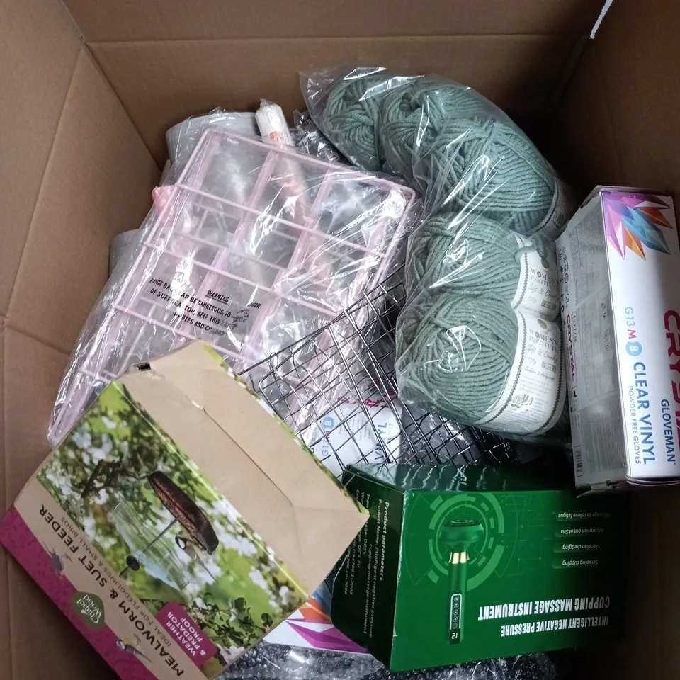 BOX OF APPROXIMATELY 15 ASSORTED ITEMS INCLUDING CHAPEL WOOD MEALWORM & SUET FEEDER, INTELLIGENT NEGATIVE PRESSURE CUPPING MASSAGE INSTRUMENT AND CRYSTAL GLOVEMAN CLEAR VINLY POWDER FREE GLOVES
