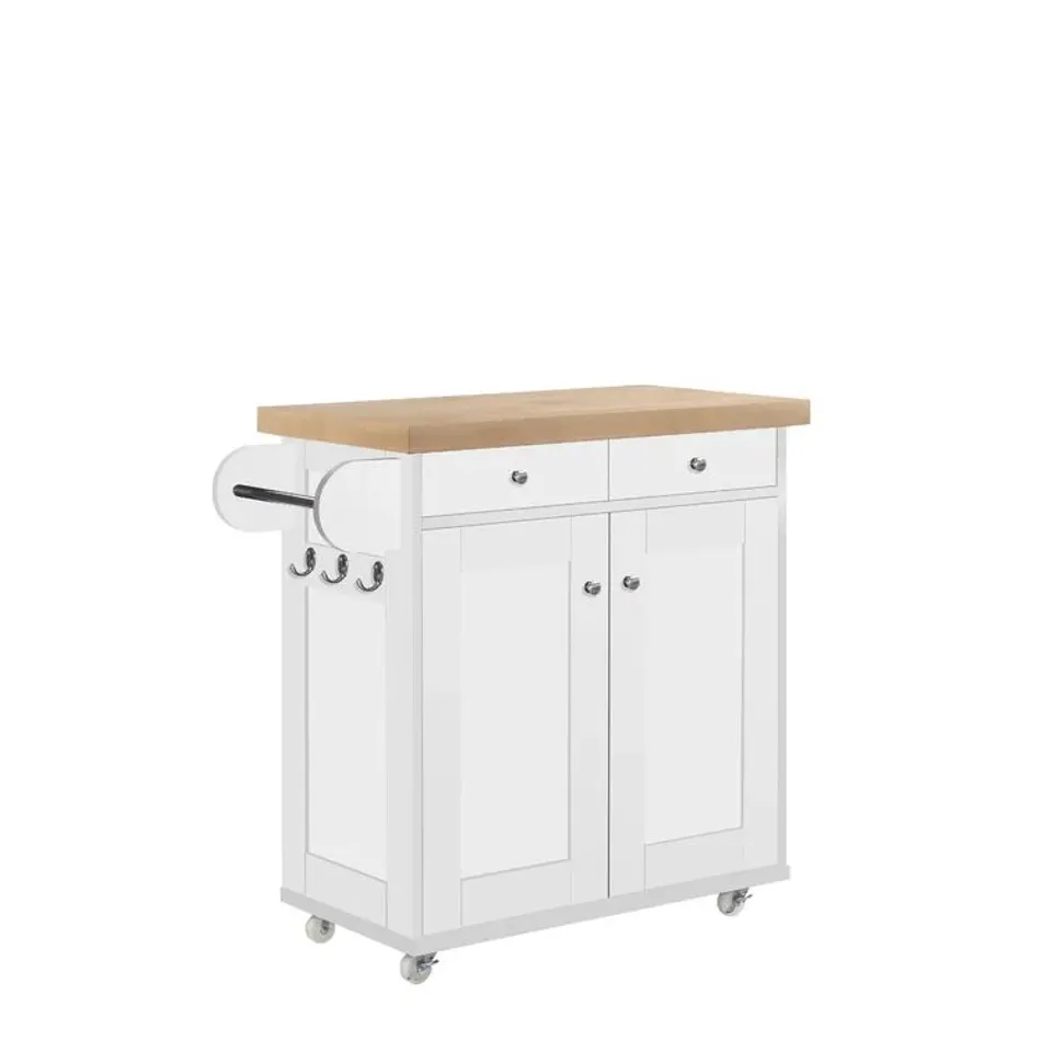 BOXED LUCILLE 95CM ROLLING KITCHEN ISLAND WITH SOLID WOOD TOP, WHITE (1 BOX)