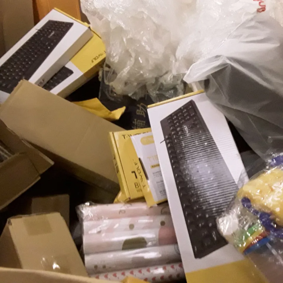 PALLET OF ASSORTED PRODUCTS INCLUDING OFFICE CHAIR, BUSINESS WIRED KEYBOARD, ARTIFICIAL ROSES, WRAPPING PAPER, DISPOSABLE MEDICAL MASKS